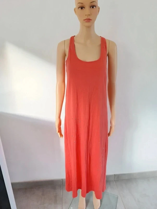 Vestido longo coral Miss Captain T2/M 100% algodão strass verão praia boêmio – photo 2
